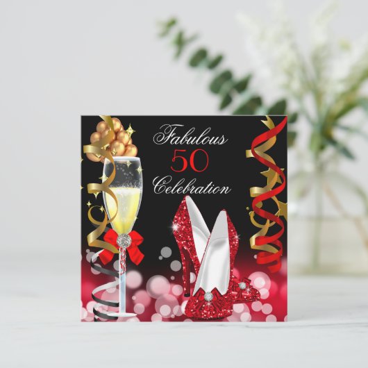 Fabulous 50 Red Black Gold Bubbles Party Kaart (Staand voorkant)