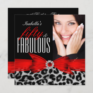 Fabulous 50 Red Black Leopard Foto Birthday Party Kaart
