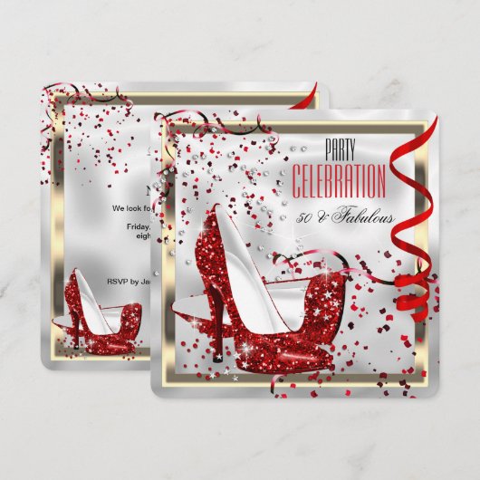 Fabulous 50 Red Black White Birthday Party Kaart (Voorkant / Achterkant)