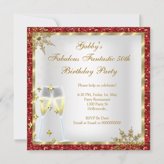 Fabulous 50 Red Glitter Gold Birthday Party Kaart (Achterkant)