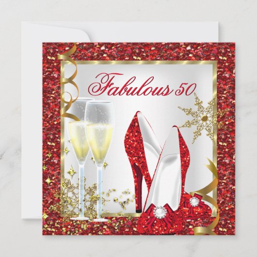 Fabulous 50 Red Glitter Gold Birthday Party Kaart (Voorkant)