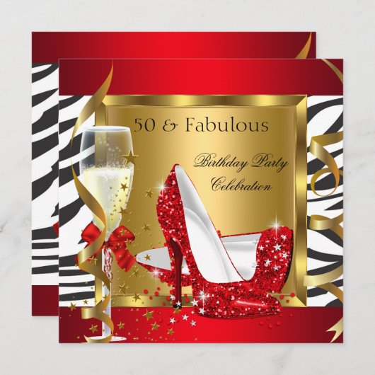 Fabulous 50 Red Glitter High Hiel Zebra Champagne Kaart (Voorkant / Achterkant)