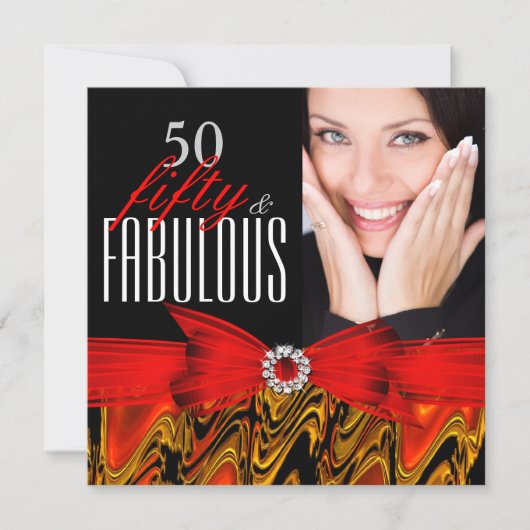 Fabulous 50 Red Gold Black Foto Birthday Party Kaart (Voorkant)