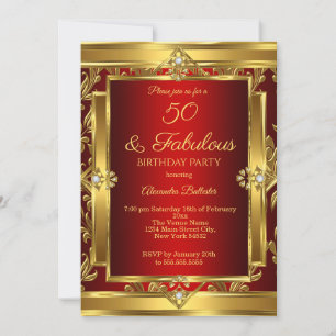Fabulous 50 Red Gold Damask Birthday Party Kaart