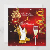 Fabulous 50 Red Gold High Hiel Champagne Party 2 Kaart (Voorkant)