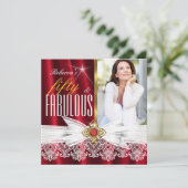 Fabulous 50 Red Gold White Lace Birthday Kaart (Staand voorkant)