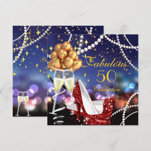 Fabulous 50 Red Heels Champagne Birthday Party Kaart (Voorkant / Achterkant)