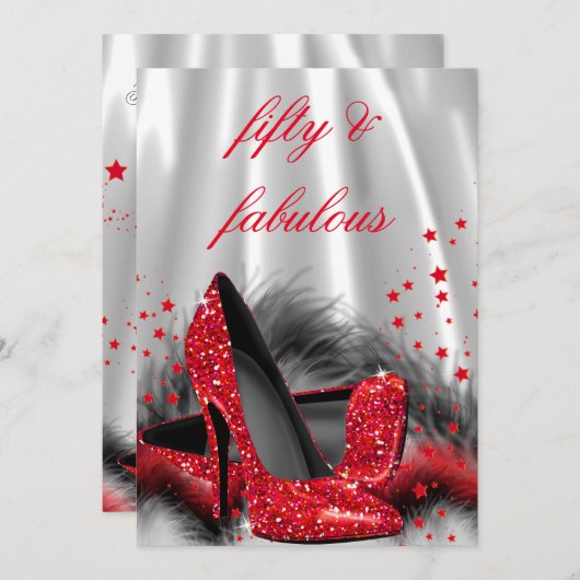 Fabulous 50 Red High Heels Black Silver Birthday Kaart (Voorkant / Achterkant)