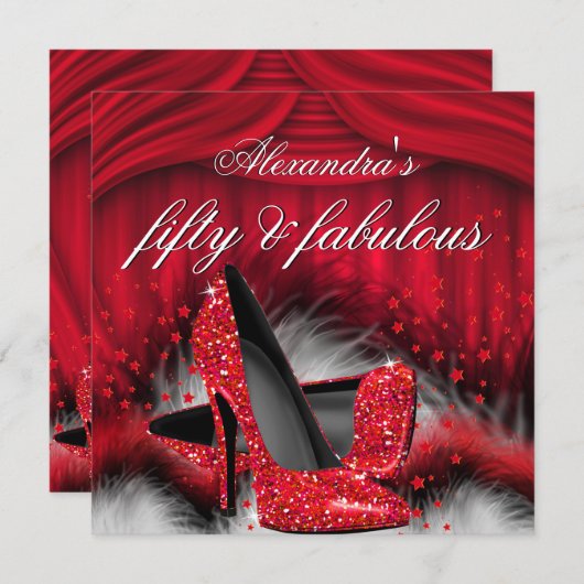 Fabulous 50 Red High Heels Feathers, zaterdag Kaart (Voorkant / Achterkant)