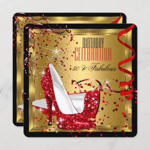 Fabulous 50 Red High Heels Gold Party Kaart
