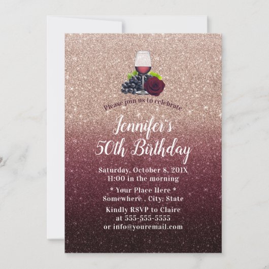 Fabulous 50 Red Wine Burgundy Glitter Birthday Kaart (Voorkant)