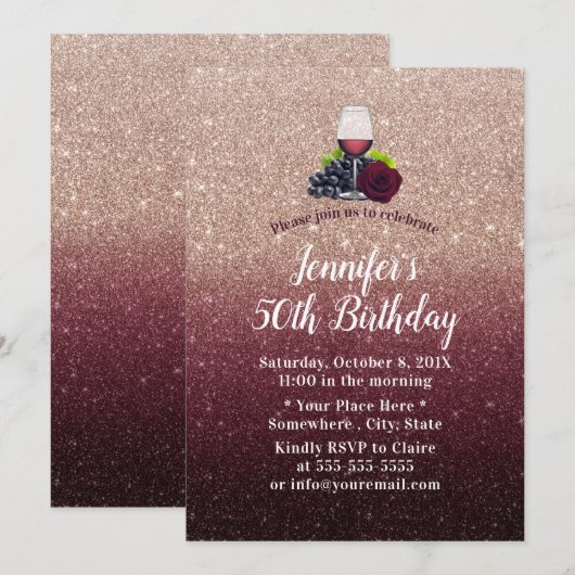 Fabulous 50 Red Wine Burgundy Glitter Birthday Kaart (Voorkant / Achterkant)