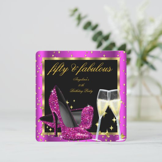 Fabulous 50 Rich Pink Champagne Heels Birthday Kaart (Staand voorkant)