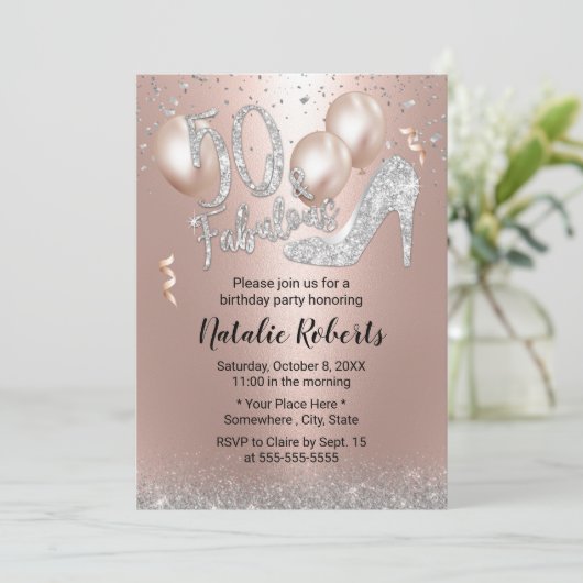 Fabulous 50 Roos Gold Balloon High Hiel Dag Kaart (Staand voorkant)