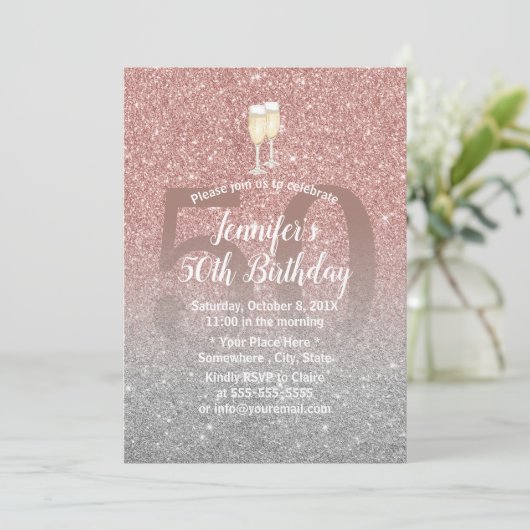 Fabulous 50 Roos Gold & Silver Glitter Birthday Kaart (Staand voorkant)