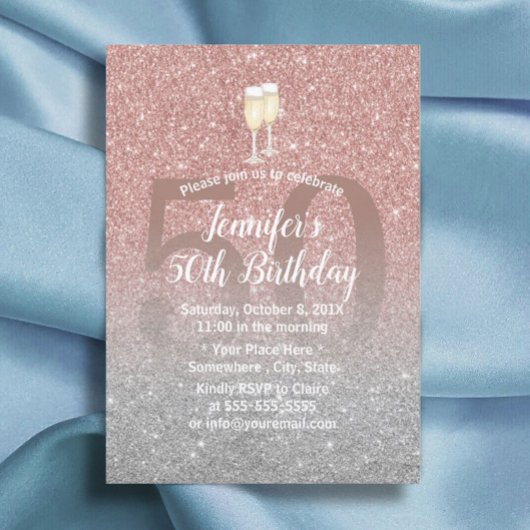 Fabulous 50 Roos Gold & Silver Glitter Birthday Kaart