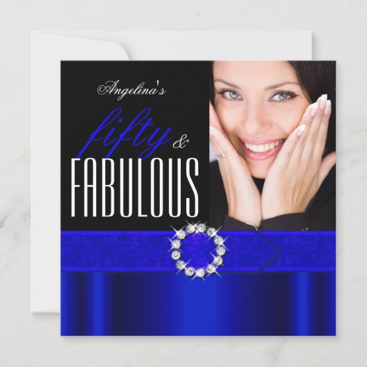 Fabulous 50 Royal Blue Black Foto Birthday Party Kaart (Voorkant)