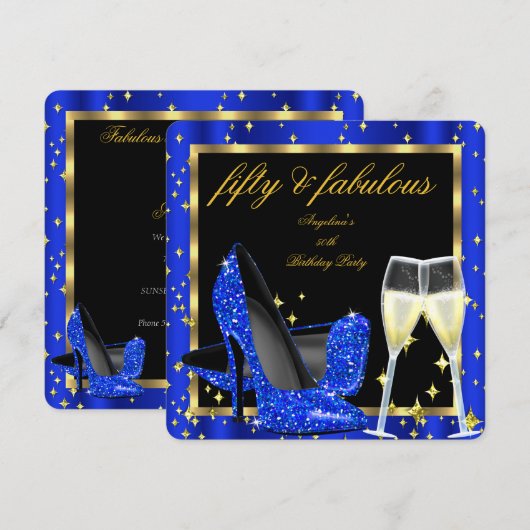 Fabulous 50 Royal Blue Champagne Heels Birthday Kaart (Voorkant / Achterkant)