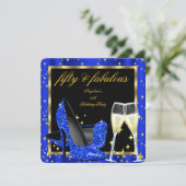 Fabulous 50 Royal Blue Champagne Heels Birthday Kaart (Staand voorkant)