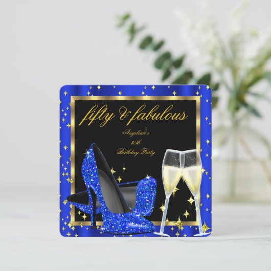 Fabulous 50 Royal Blue Champagne Heels Birthday Kaart (Staand voorkant)