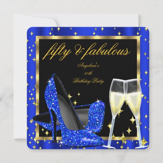 Fabulous 50 Royal Blue Champagne Heels Birthday Kaart (Voorkant)