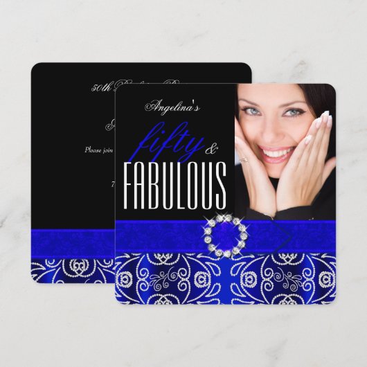 Fabulous 50 Royal Blue Diamond Birthday Party Kaart (Voorkant / Achterkant)