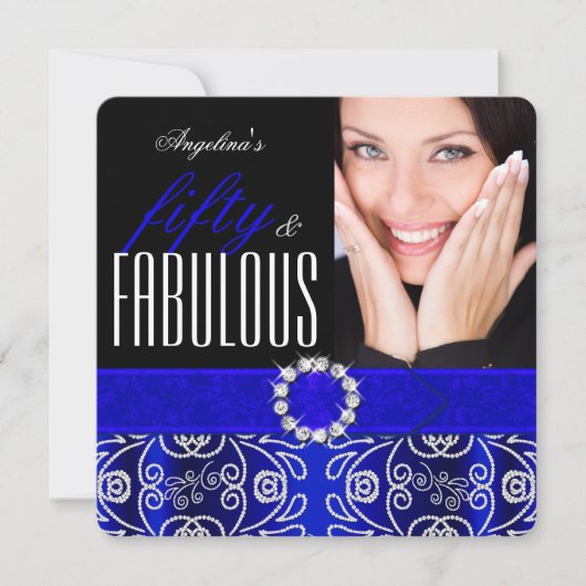 Fabulous 50 Royal Blue Diamond Birthday Party Kaart (Voorkant)