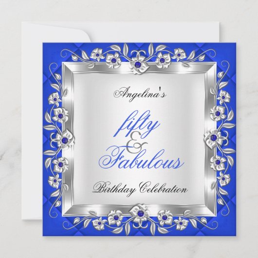 Fabulous 50 Royal Blue Floral Birthday Party Kaart (Voorkant)