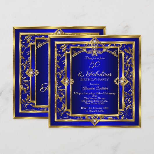 Fabulous 50 Royal Blue Gold Damask Birthday Party Kaart (Voorkant / Achterkant)