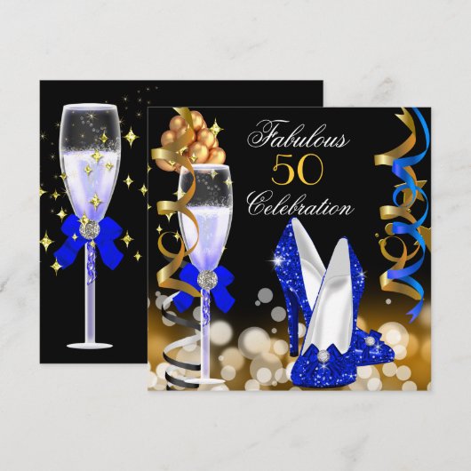 Fabulous 50 Royal Blue Gold Gold Party Kaart (Voorkant / Achterkant)