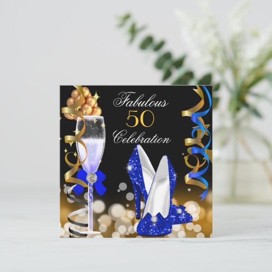 Fabulous 50 Royal Blue Gold Gold Party Kaart (Staand voorkant)