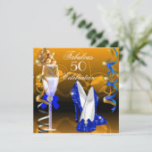Fabulous 50 Royal Blue Gold Oranje Birthday Party Kaart (Staand voorkant)