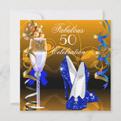 Fabulous 50 Royal Blue Gold Oranje Birthday Party Kaart (Voorkant)