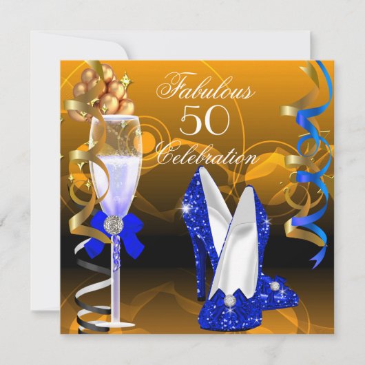Fabulous 50 Royal Blue Gold Oranje Birthday Party Kaart (Voorkant)