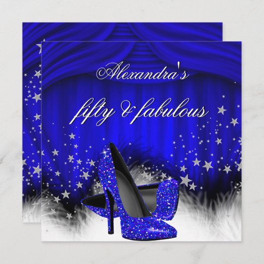 Fabulous 50 Royal Blue High Heels Feather Birthday Kaart (Voorkant / Achterkant)