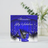 Fabulous 50 Royal Blue High Heels Feather Birthday Kaart (Staand voorkant)