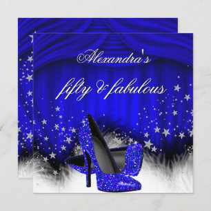 Fabulous 50 Royal Blue High Heels Feather Birthday Kaart