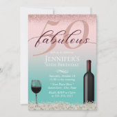 Fabulous 50 Roze & Blauwgroen Typografie Wijn & Bl Kaart (Voorkant)