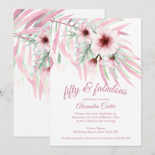 Fabulous 50 Roze Groene Bloemen witte Waterverf Kaart (Voorkant / Achterkant)