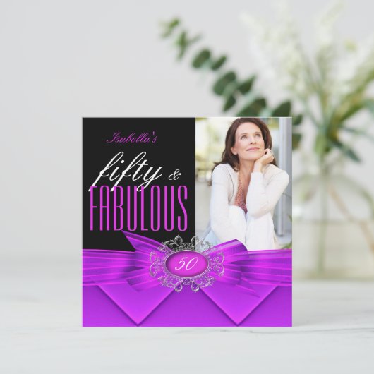 Fabulous 50 Roze Paars Black Foto Birthday Party Kaart (Staand voorkant)