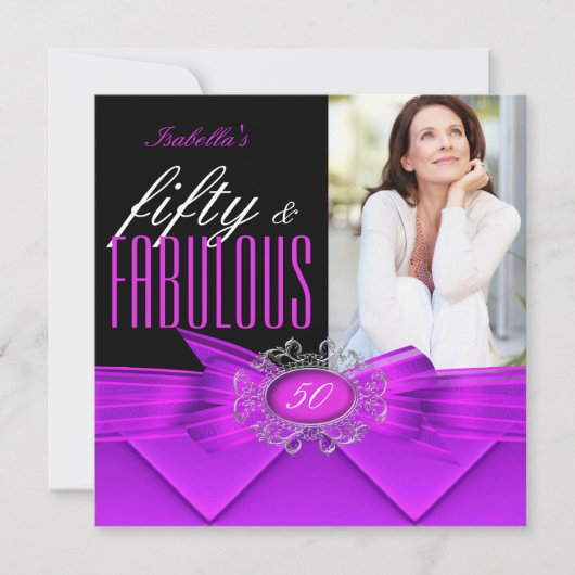 Fabulous 50 Roze Paars Black Foto Birthday Party Kaart (Voorkant)