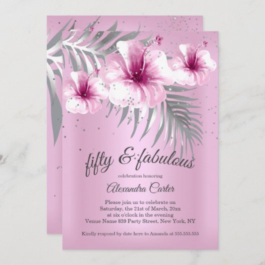 Fabulous 50  roze Silver Hibiscus party Kaart (Voorkant / Achterkant)
