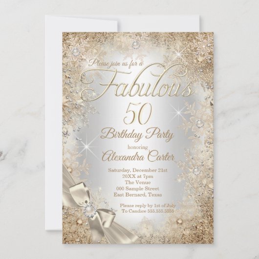 Fabulous 50 Silver Beige Cream Pearl Bow Snowflake Kaart (Voorkant)