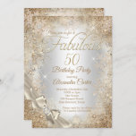 Fabulous 50 Silver Beige Cream Pearl Bow Snowflake Kaart<br><div class="desc">Fantastische 50e Silver Pearl Bow Beige Cream Gold Birthday party. Snowflakes Winter Wonderland en witte kant zilversterren glitter sparkle glow. schattig Let op: geen echte kant of juwelen/edelstenen. Elke ouderdag. Pas je aan met je eigen details en leeftijd. Sjabloon voor elke geboortedag, zoet 16, 16th, Quinceanera 15th, 18th, 20th, 21th,...</div>