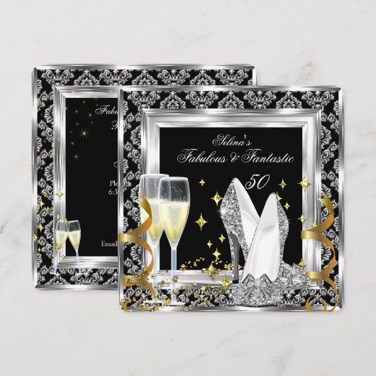 Fabulous 50 Silver Damask Black Birthday Party Kaart (Voorkant / Achterkant)