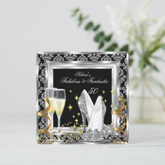 Fabulous 50 Silver Damask Black Birthday Party Kaart (Staand voorkant)