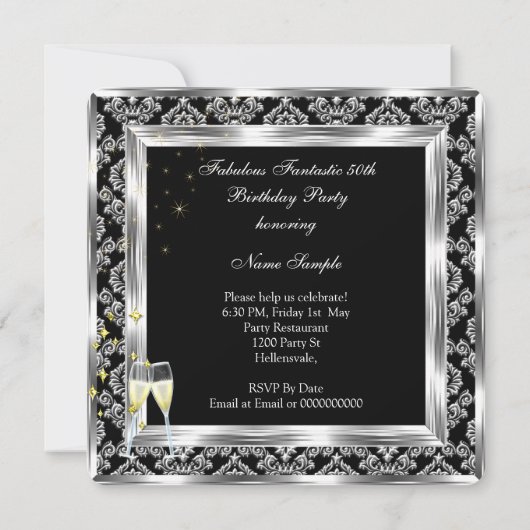 Fabulous 50 Silver Damask Black Birthday Party Kaart (Achterkant)