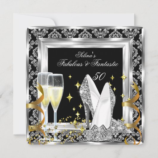 Fabulous 50 Silver Damask Black Birthday Party Kaart (Voorkant)