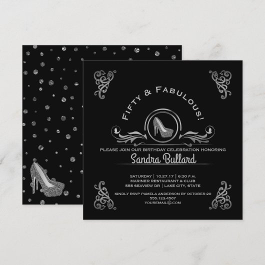 Fabulous 50 Silver High Heels Birthday Party Kaart (Voorkant / Achterkant)