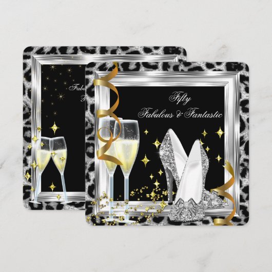 Fabulous 50 Silver Leopard Birthday Party Kaart (Voorkant / Achterkant)